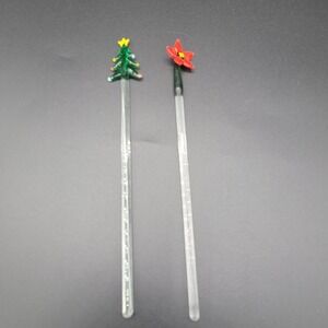 Two Glass Christmas Themed Swizzle Stir Sticks Tree Poinsettia